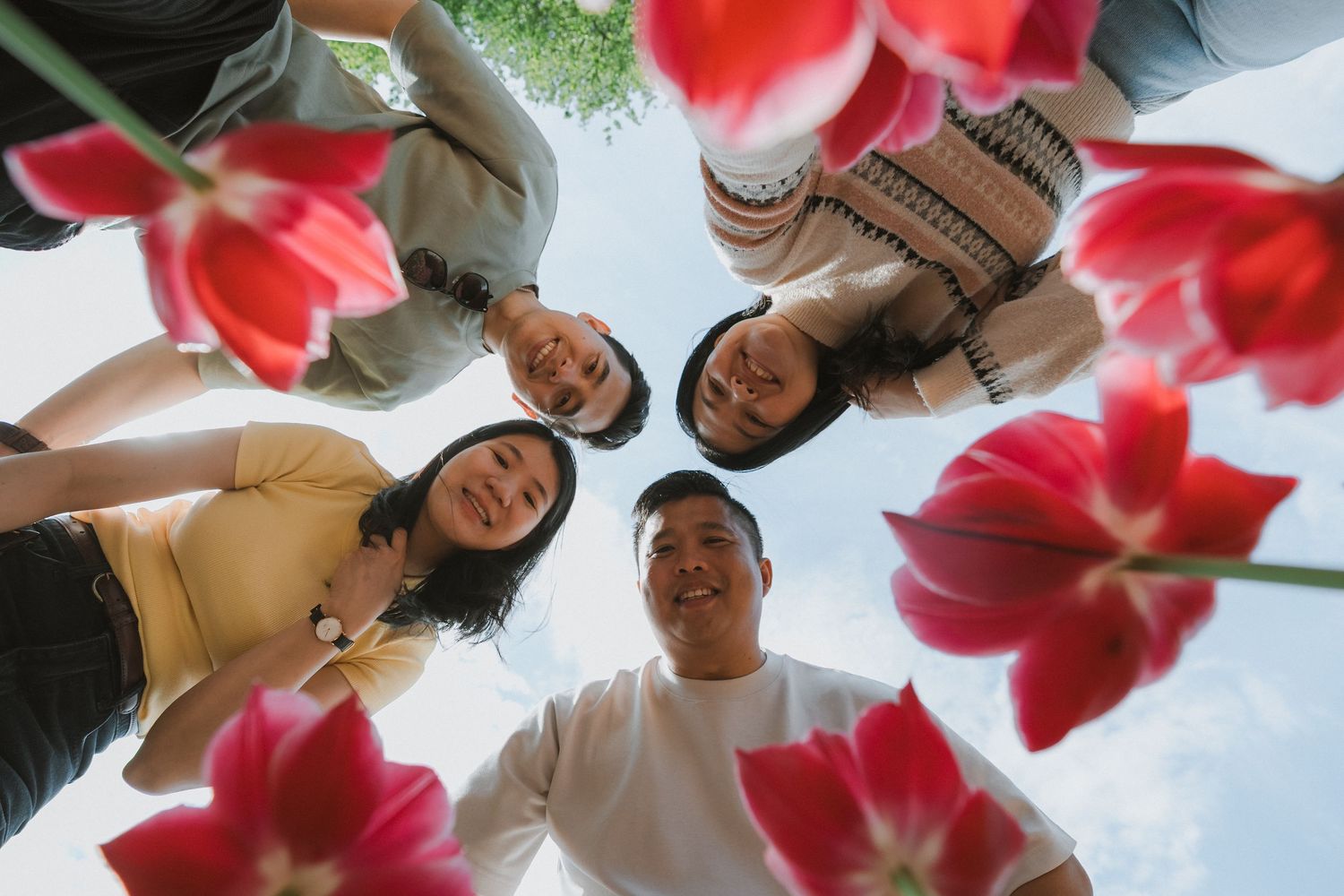 Low-angle view of four smiling Asian friends forming a circle huddle, framed by vibrant red tulips against a blue sky.