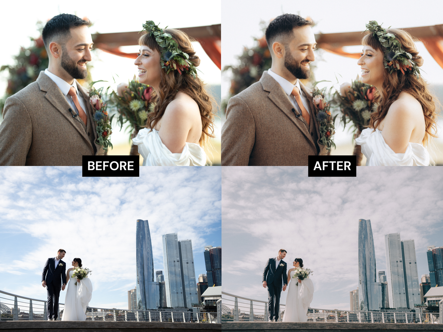 A wedding couple poses against a cityscape backdrop with modern skyscrapers and architecture during sunset.