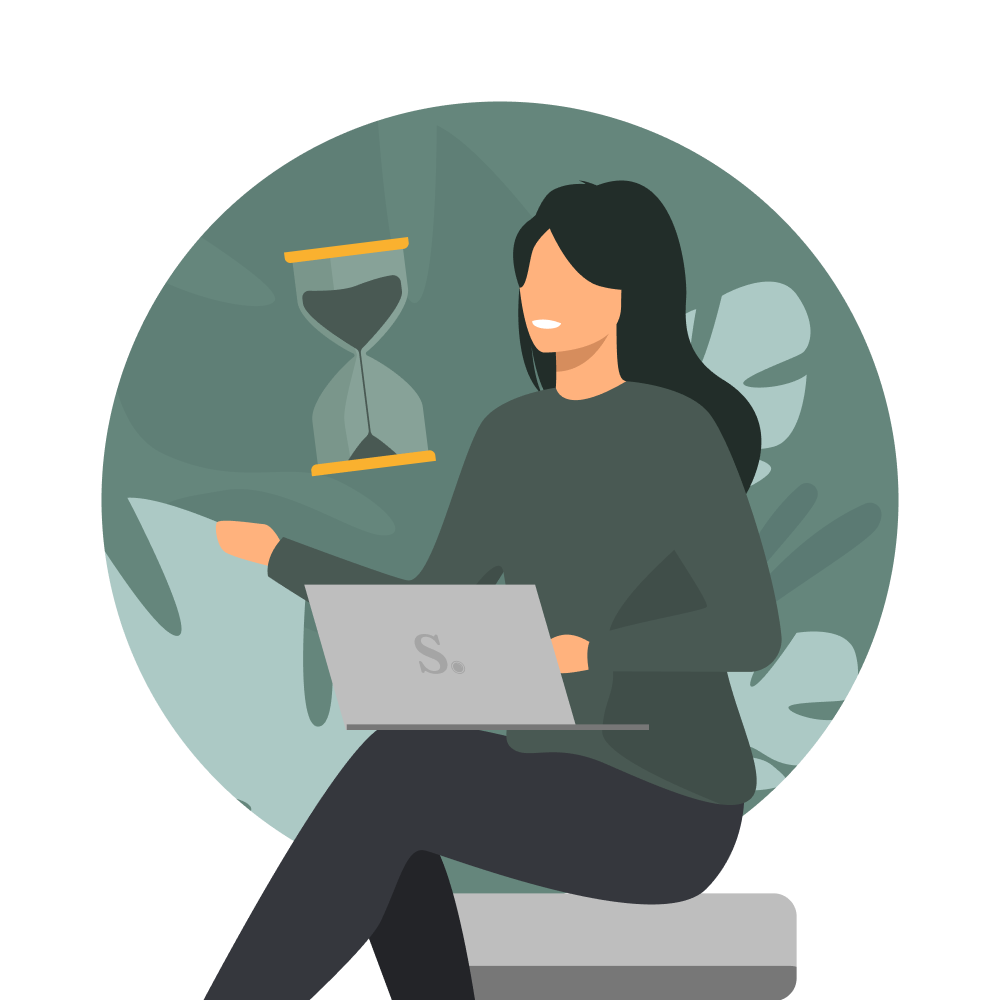 Minimalist illustration of people working at computers in a teal and white color scheme.