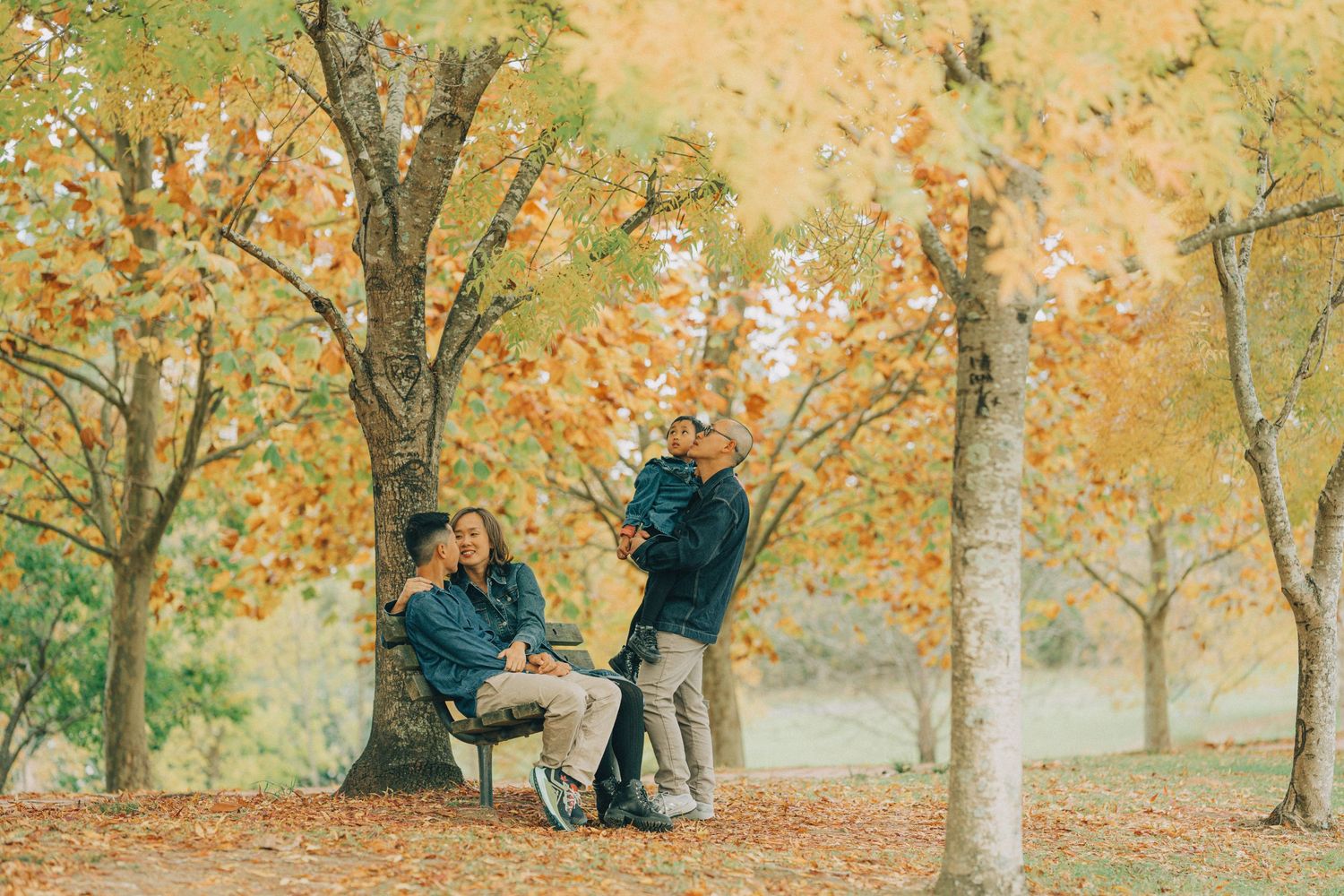A couple embraces under autumn trees with golden leaves during a romantic fall photo session in the park.
