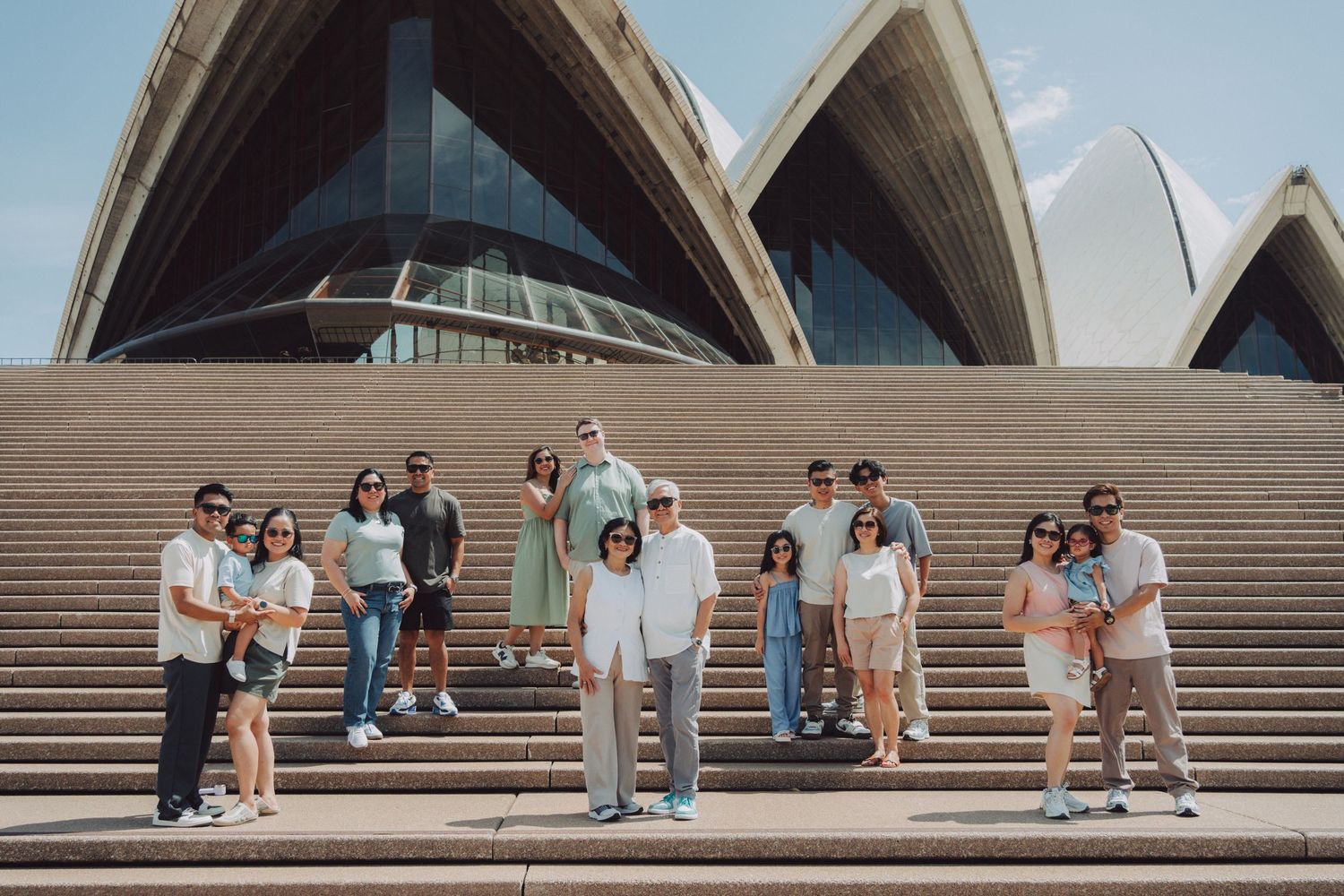A sequence of photos showing a group sitting on the Sydney Opera House steps at different distances and angles.