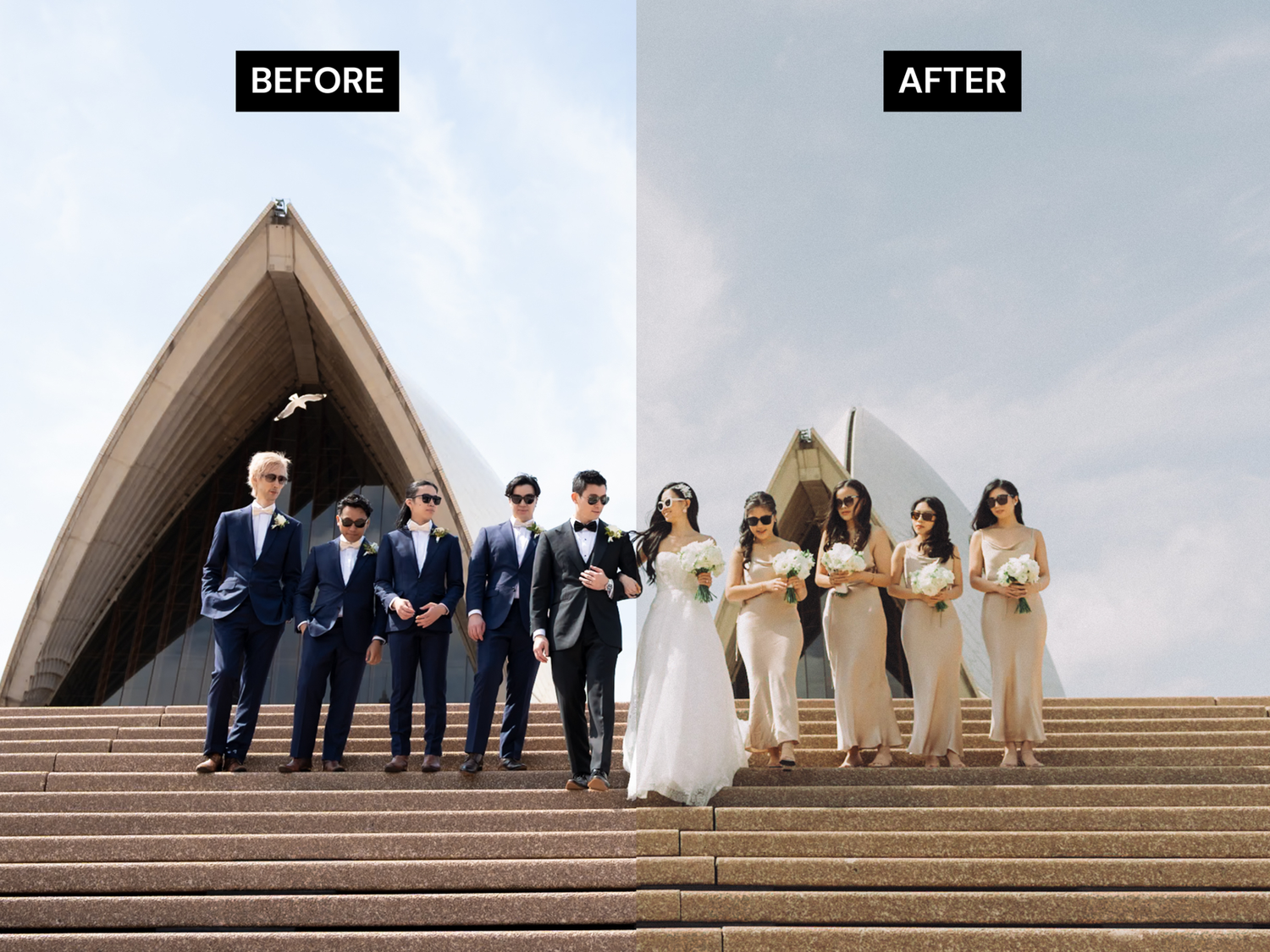 Wedding party poses on iconic Sydney Opera House steps in before and after split-screen composition.