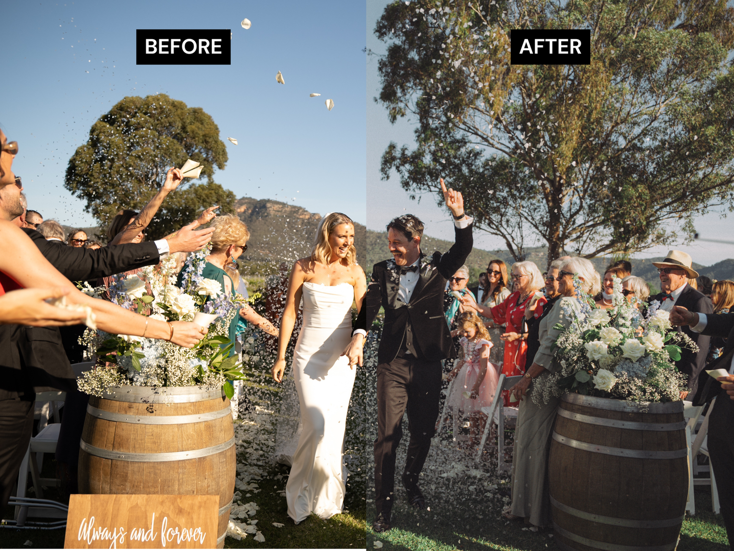 Wedding party celebrating with champagne spray around rustic wine barrels in an outdoor vineyard setting at sunset.