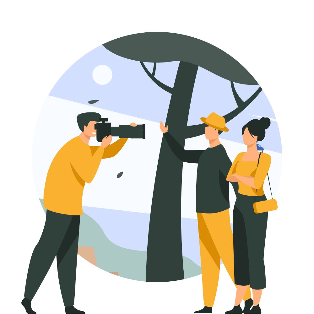 Illustrated scenes of photographers taking pictures outdoors in yellow and green colors.