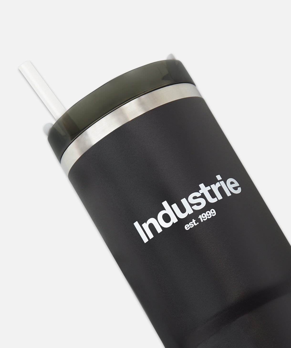 Minimalist black water bottle with white Industic logo shown from multiple perspectives.