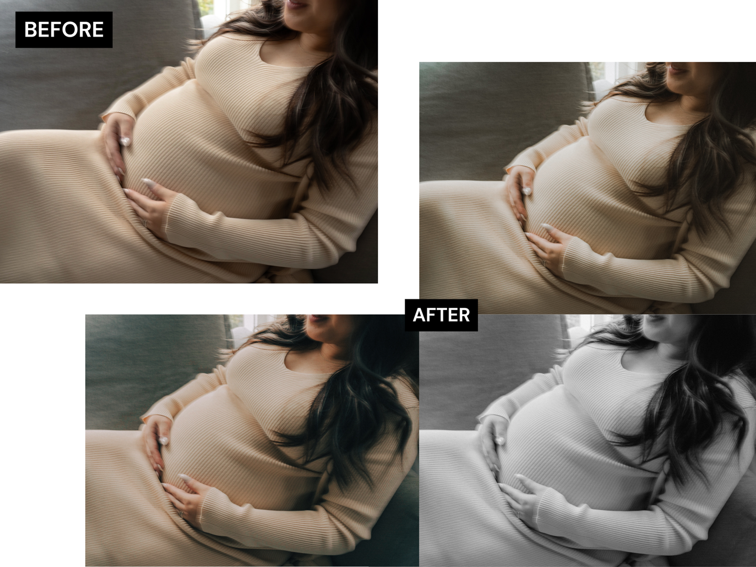 A pregnancy photo series showing a growing baby bump in beige maternity wear against a neutral background.