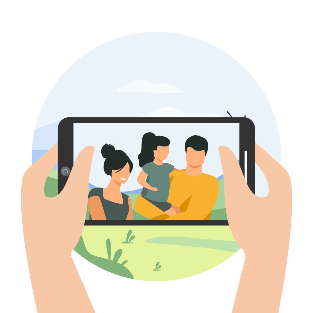 Hands holding phones to take landscape photos illustrated in simple style.