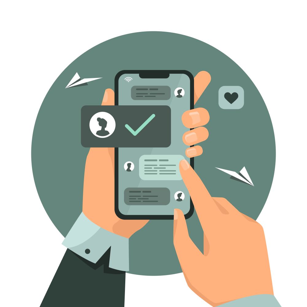 Minimalist illustrations of people using mobile phones for messaging in green tones.