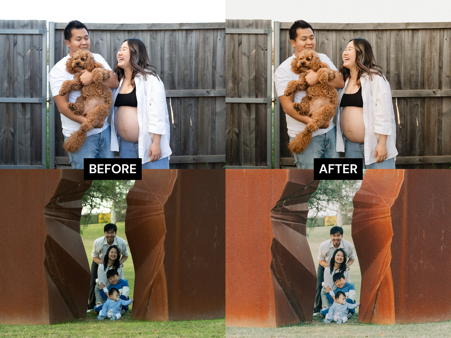 A fluffy brown dog poses with its owner in a series of outdoor photos showing their loving bond together.