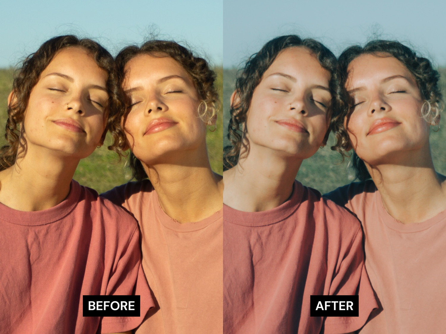 Two people pose together in a series of casual outdoor portraits with warm lighting and similar expressions.