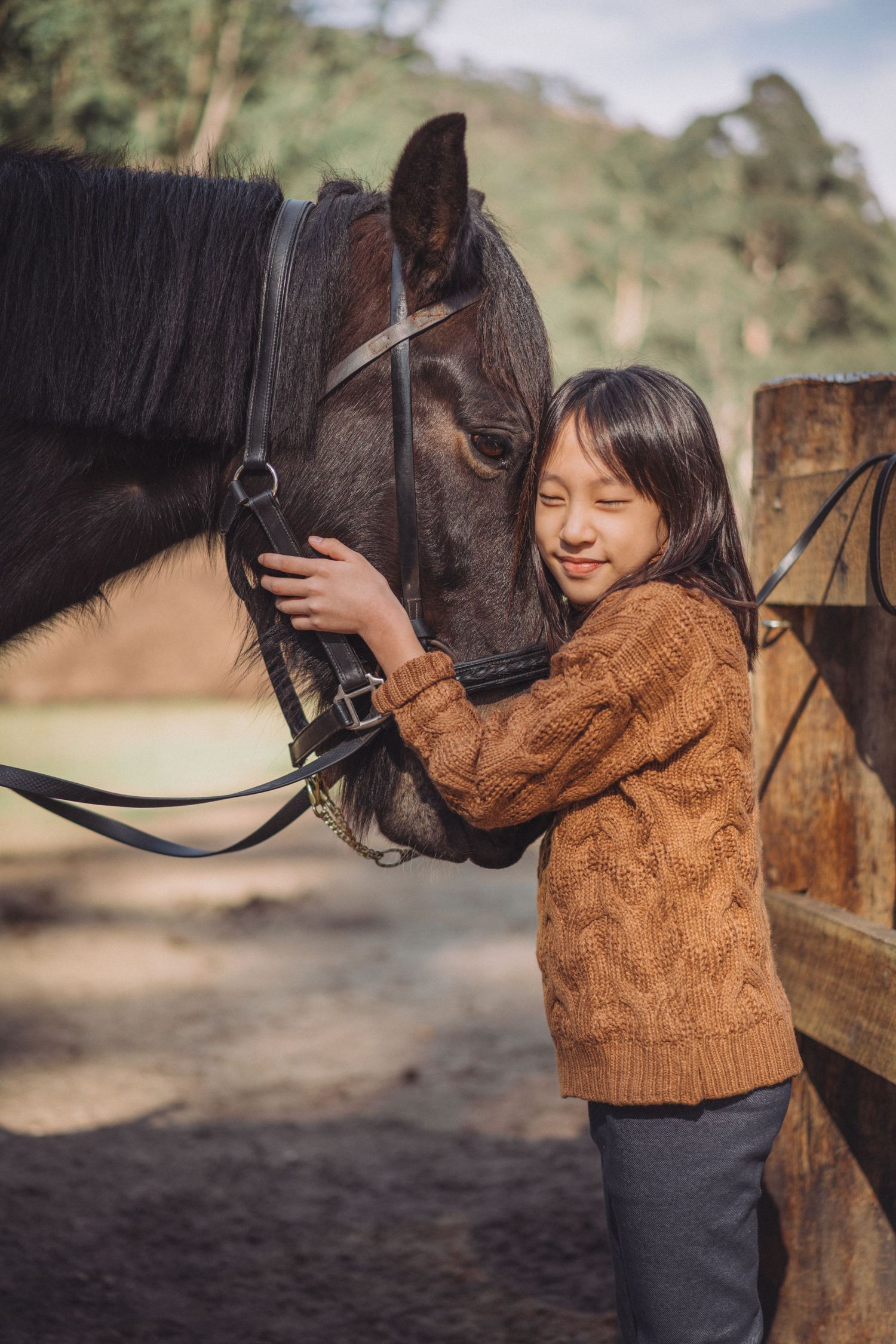 A person in a brown knit sweater shares a tender moment with a black horse in a series of outdoor photos.