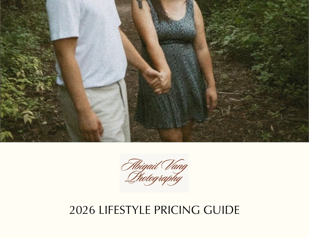 A couple holding hands on a forest path with a lifestyle photography pricing guide title overlay.