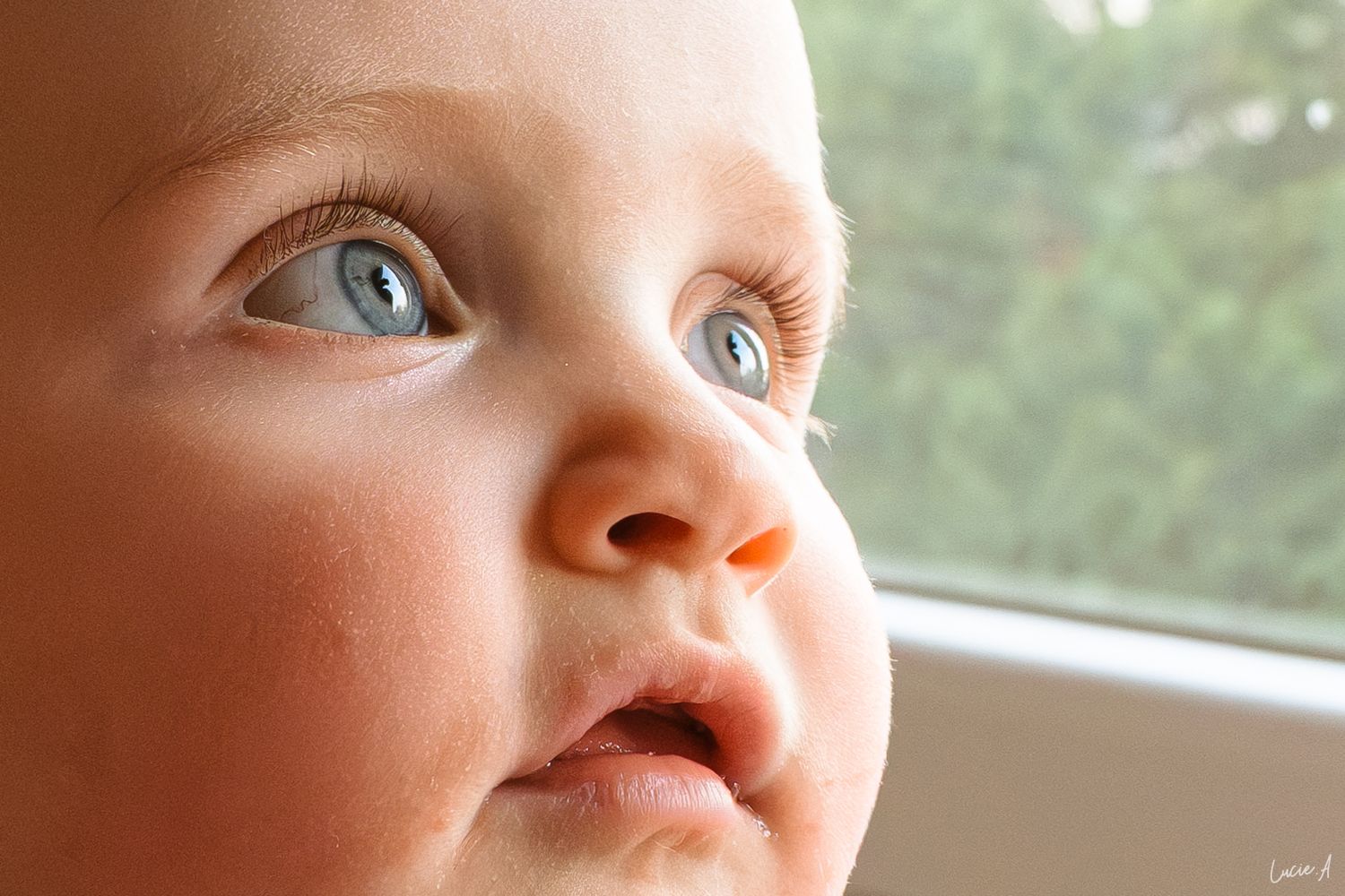 Portrait gros plan couleur lors d'une séance naissance à Ronchin, le bébé regarde au loin