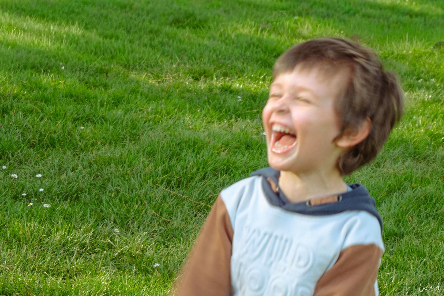 Portrait en couleur d'un jeune garçon riant avec toutes ses dent dans un parc à Lille