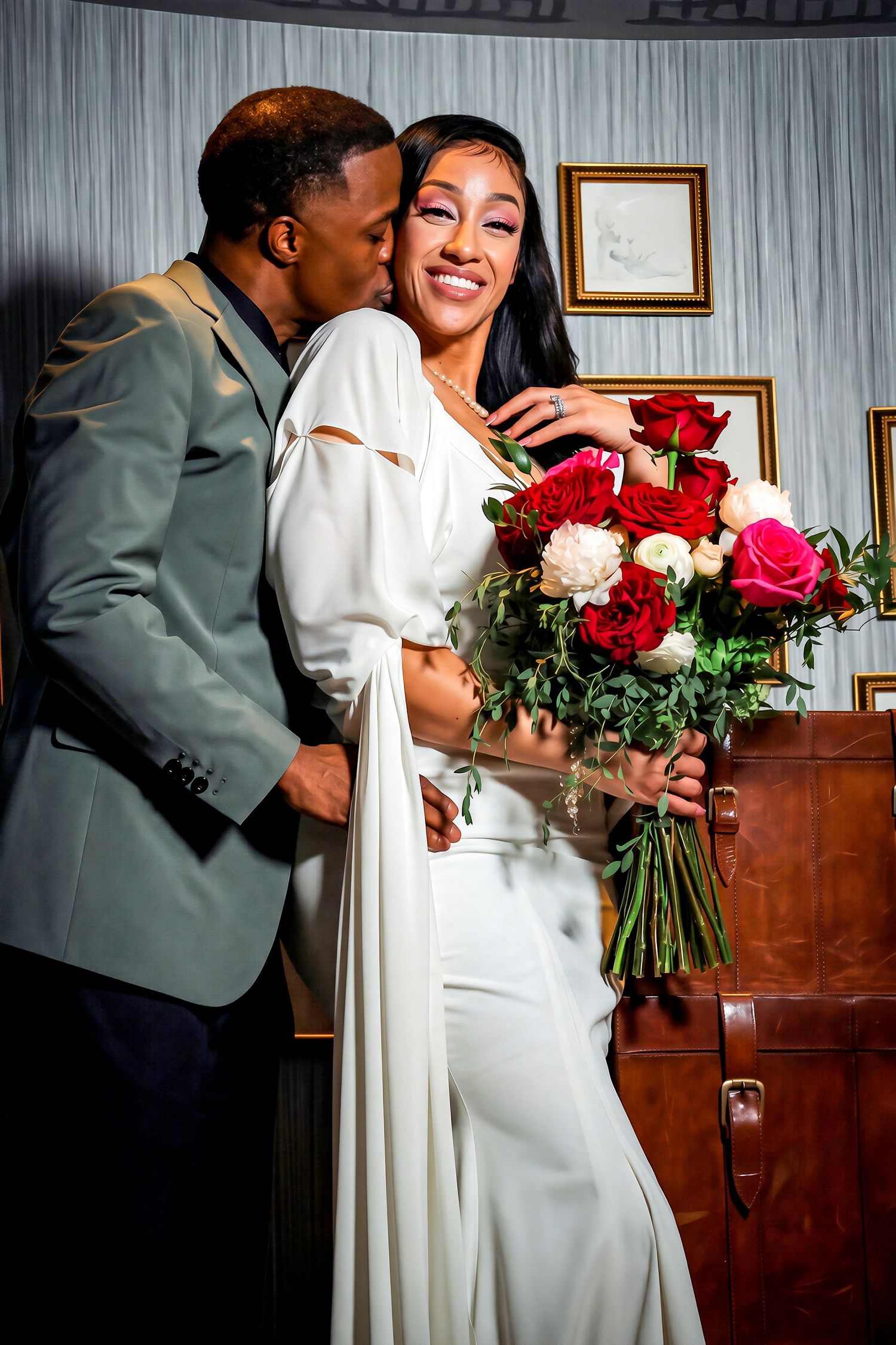Bride in white dress holds red rose bouquet while groom in gray suit kisses her cheek at wedding ceremony.