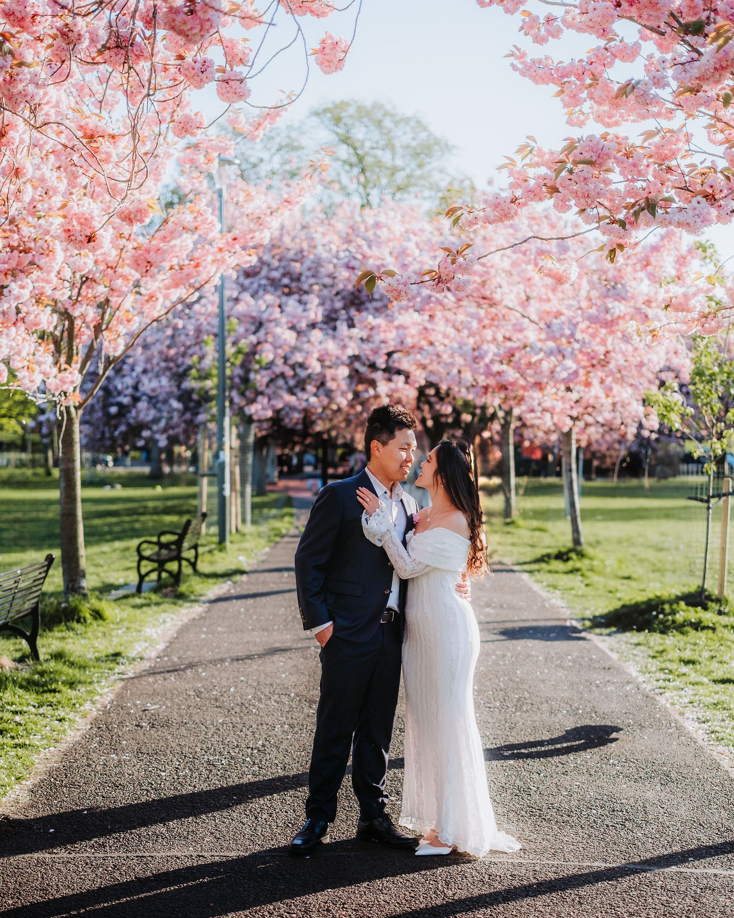 Couple facing each other on tree-lined path framed by stunning pink cherry blossoms in full bloom.
