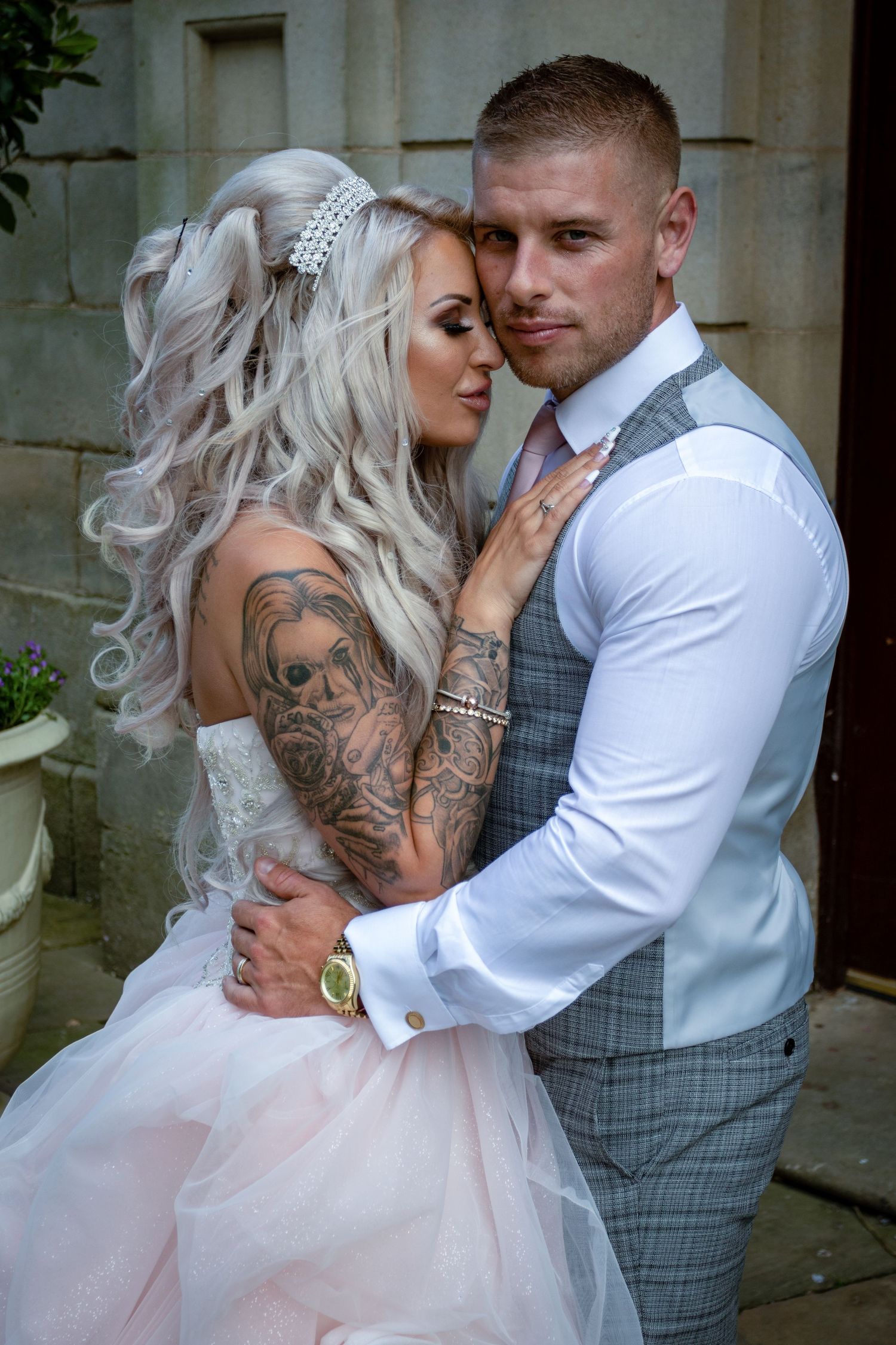 Romantic bride and groom portrait at Wynyard Hall showcasing elegant wedding style