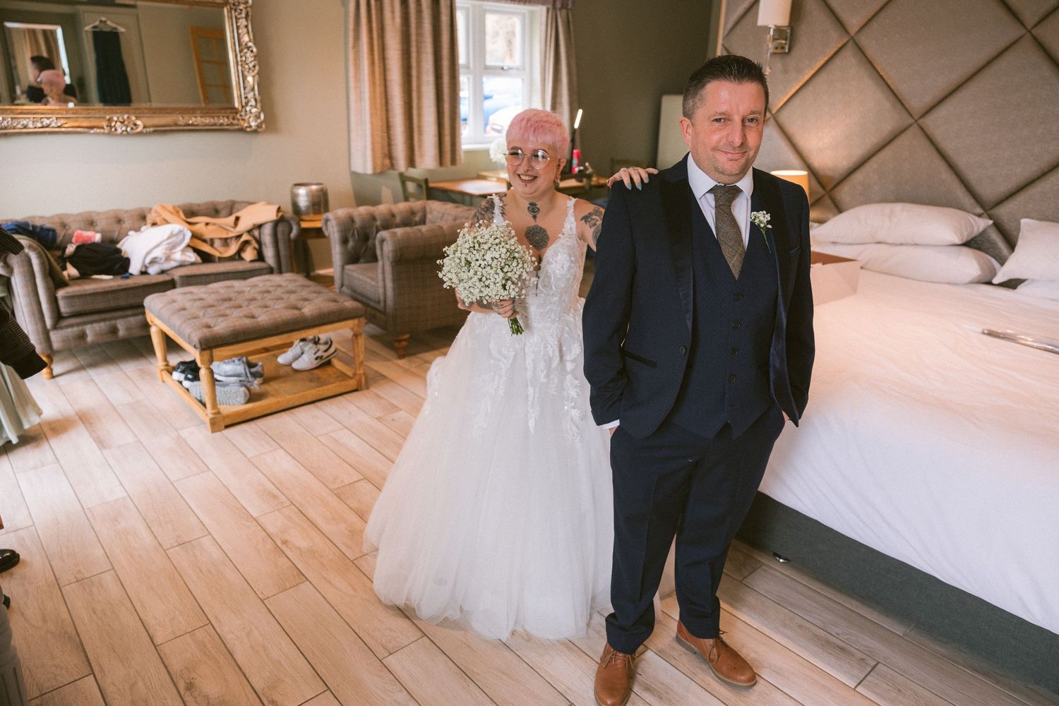 Bride reveals herself to father before ceremony, emotional first look moment at Black Horse Beamish, candid wedding morning photography