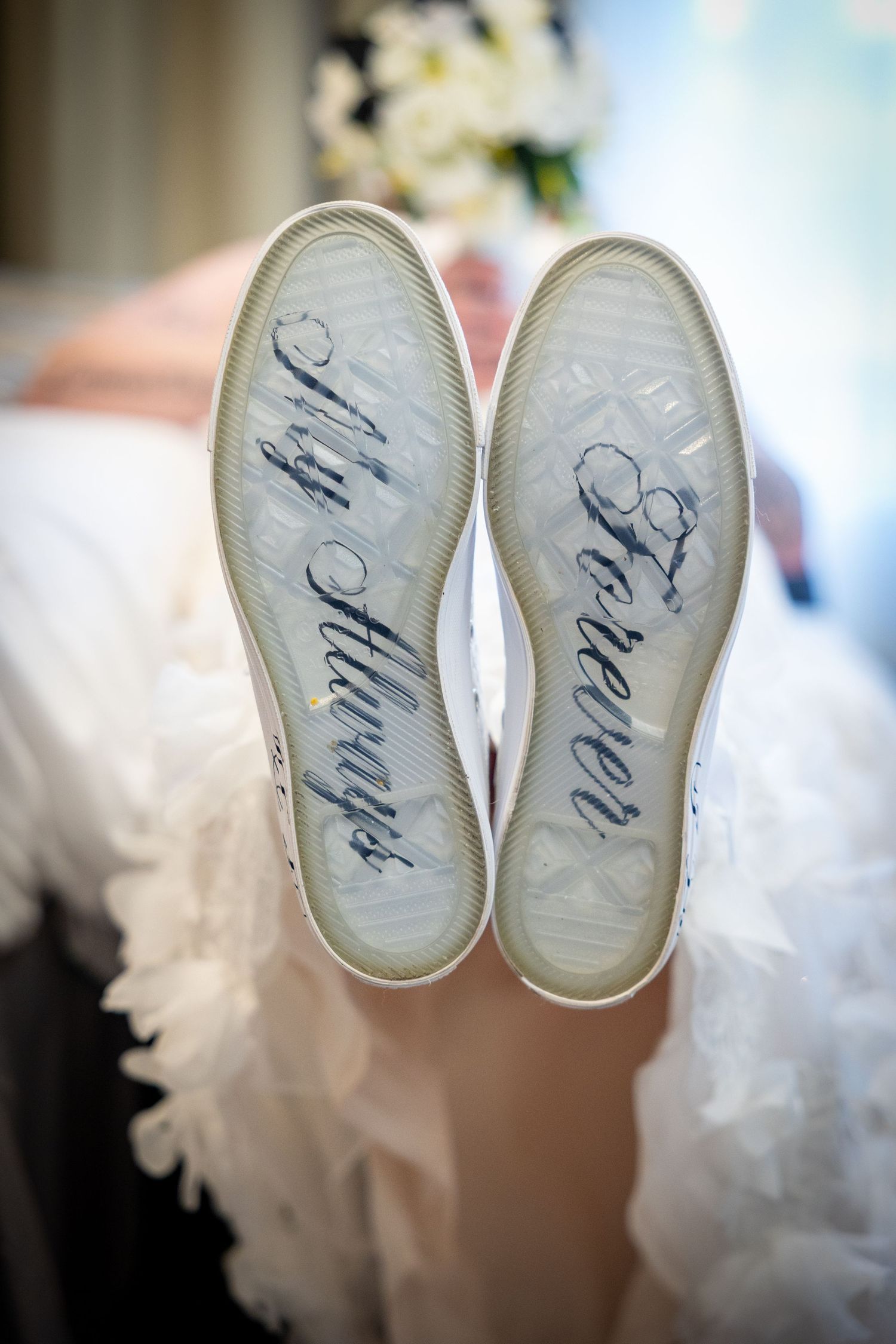 Wedding shoes with “Mr Always” and “Forever” at The County, Newcastle; playful bridal detail.