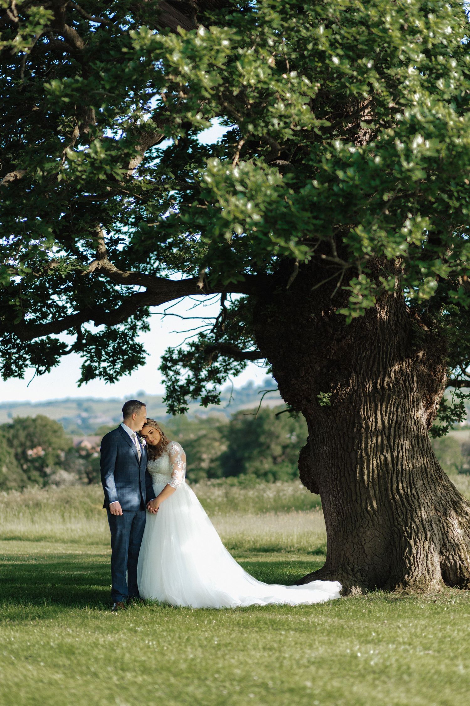Wedding portraits under majestic oak trees in a scenic countryside setting.