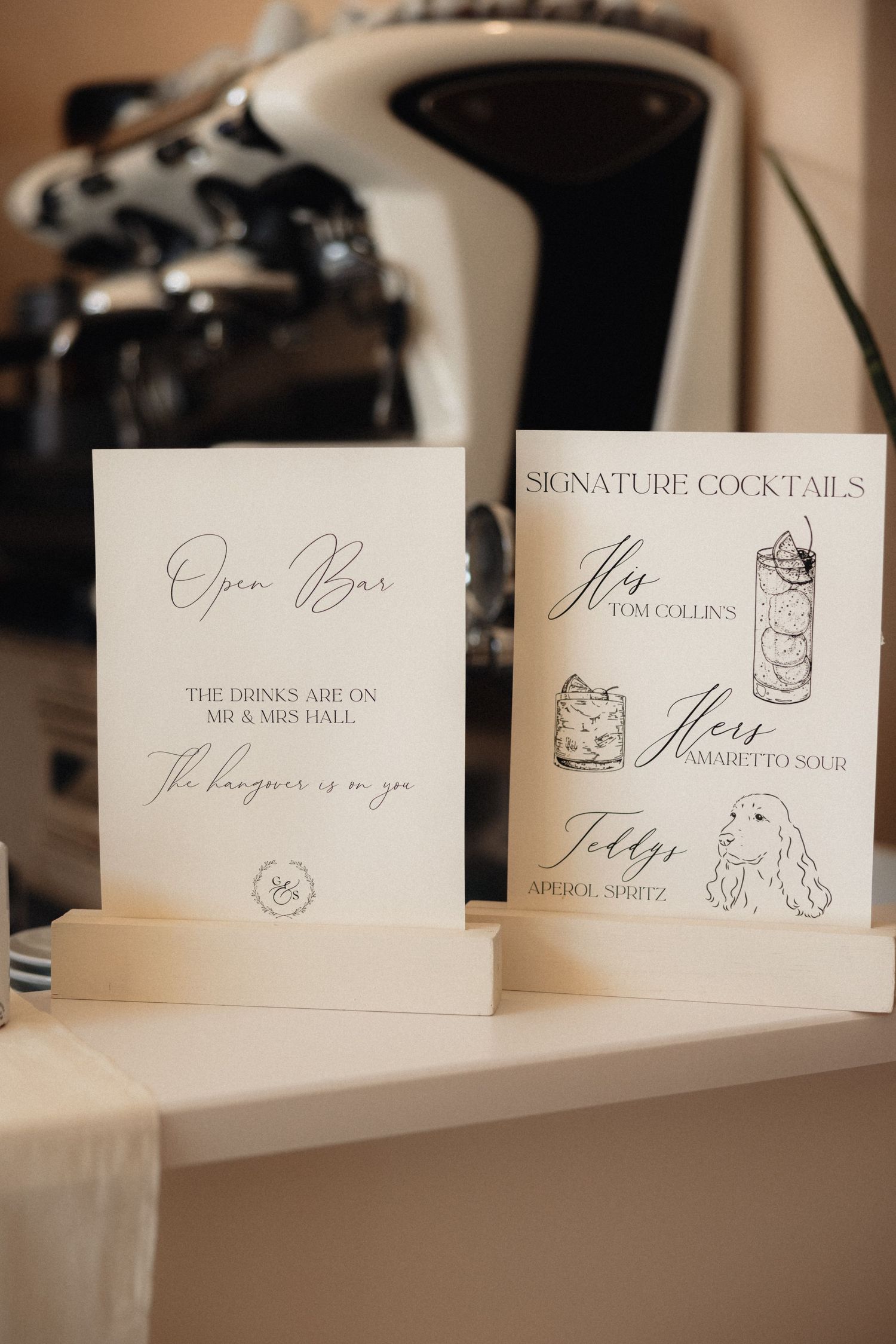 Elegant wedding signage cards with handwritten calligraphy and cocktail illustrations.