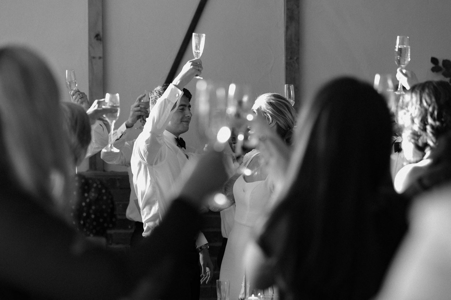 Wedding reception guests raise glasses in celebration during evening party.