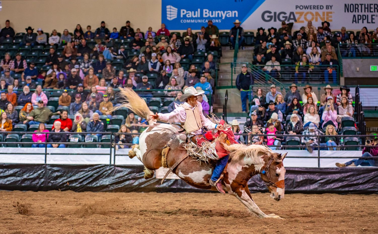 Professional rodeo competition with bull riding action at indoor arena.