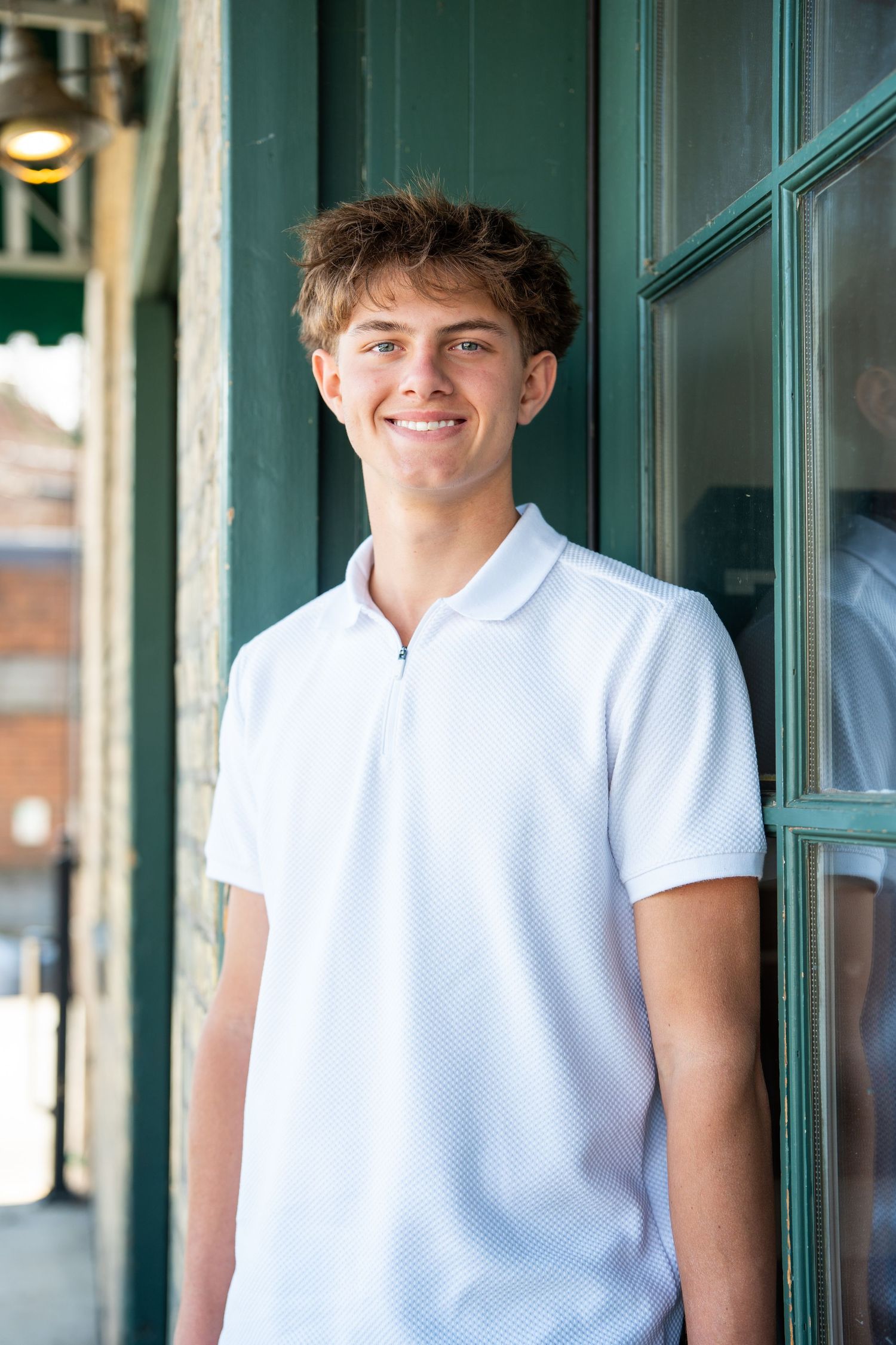 A collage of three photos showing someone in a white polo shirt standing against a green wall with natural lighting.