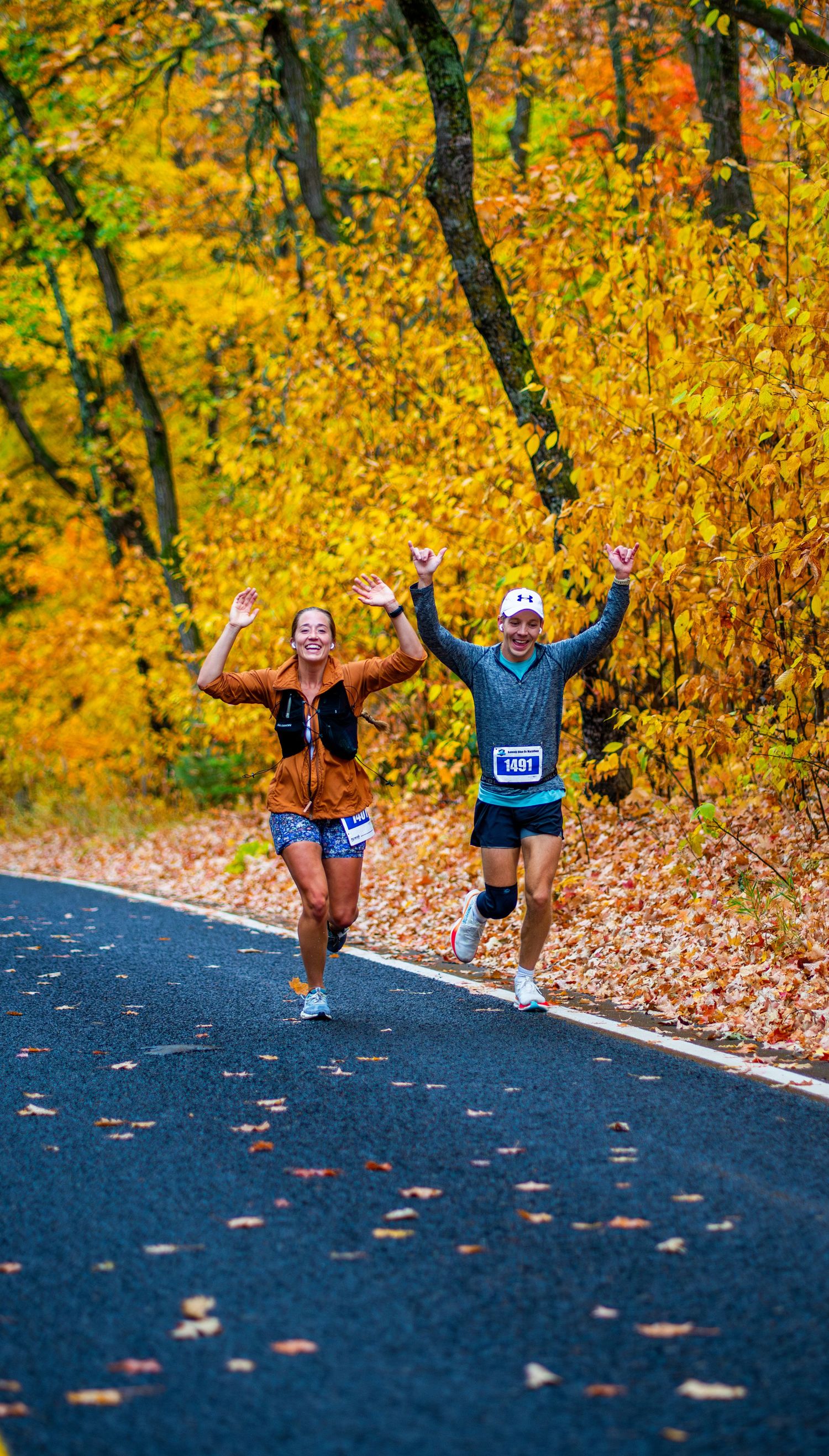Runners on path surrounded by vibrant yellow fall foliage.