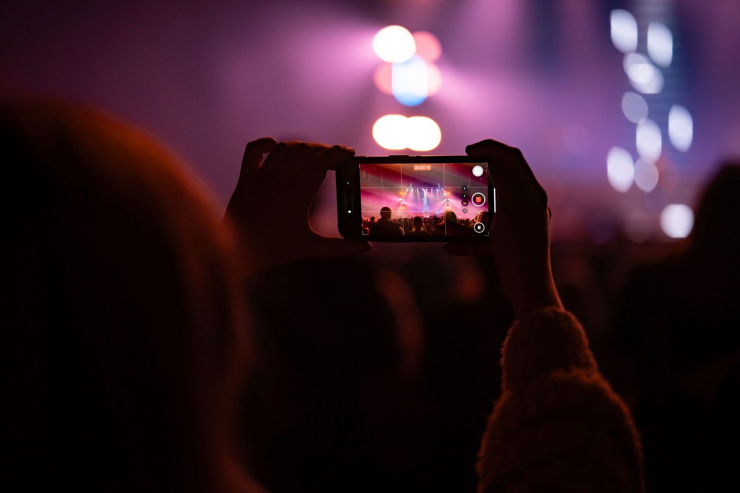 Silhouetted concert crowd with pink and purple stage lighting creating an atmospheric mood.
