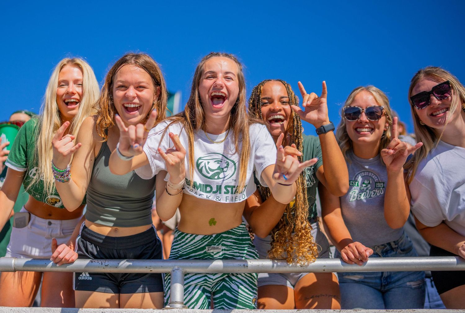 Excited fans cheering from stadium bleachers during outdoor sporting event.