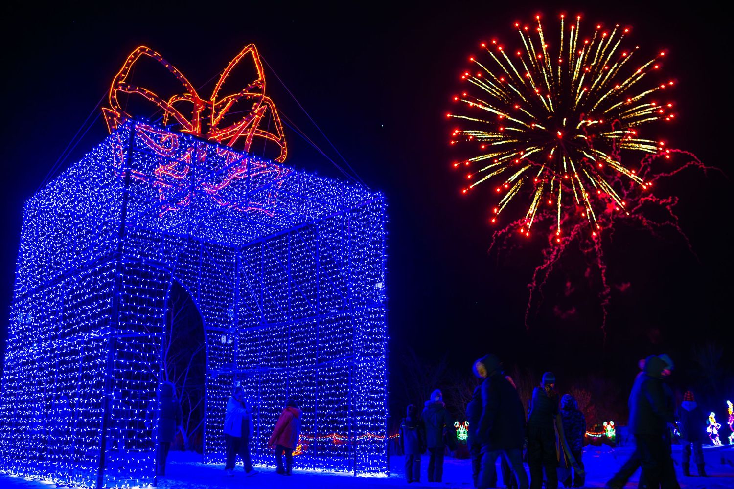Spectacular fireworks display with blue LED light gift installation.