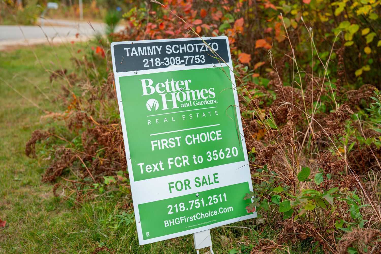 Real estate for sale signs displayed in grassy area with fall foliage.
