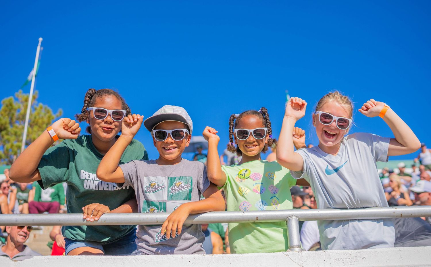 Spectators celebrating in outdoor stadium seating on sunny day.