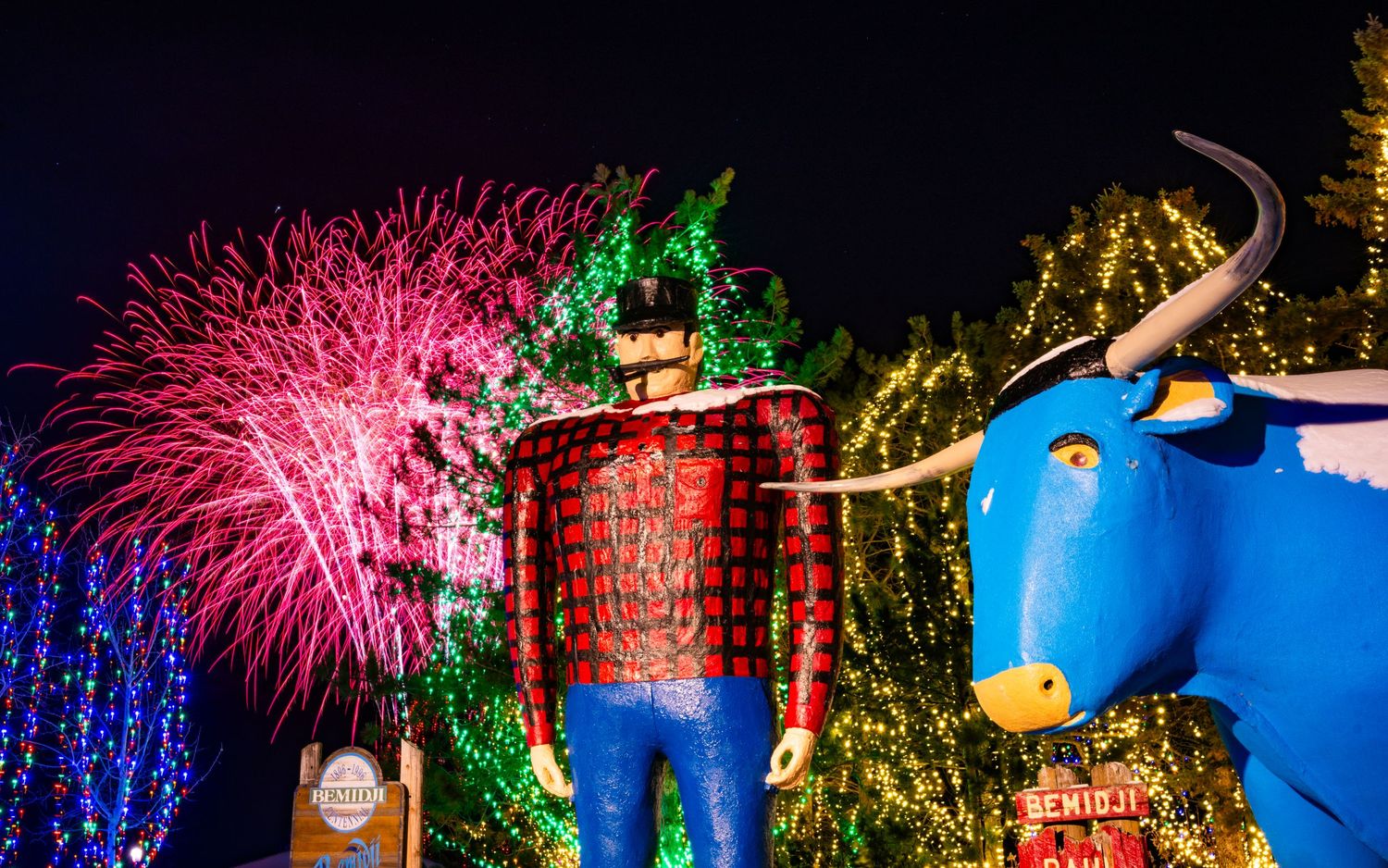 Colorful holiday light display with illuminated decorations against night sky.