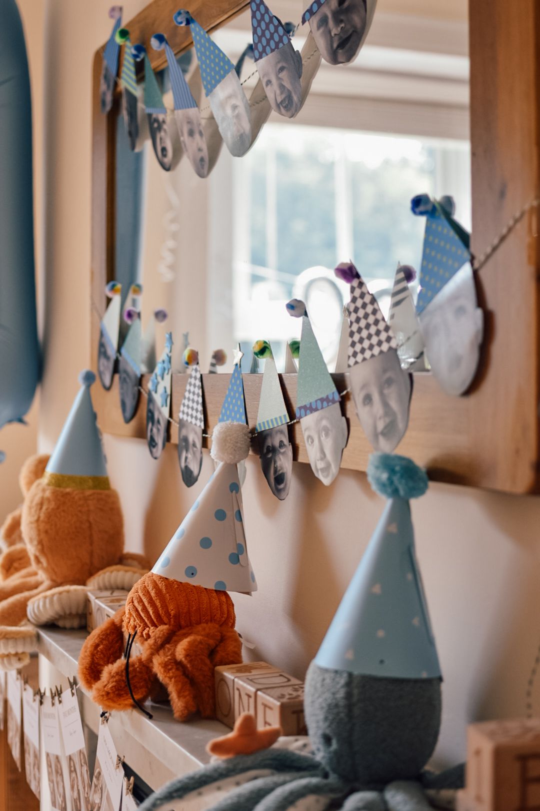 Mirror and mantle decorated for sea theme child's 1st birthday.