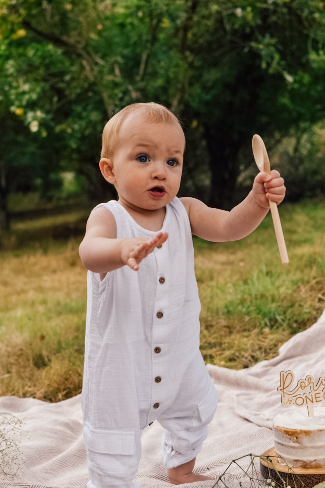 Baby standing on a blanket in a woodland area holding a wooden spoon near a cake on a wooden stand.