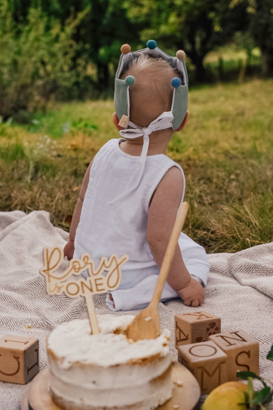 Baby sat on a blanket facing away from camera looking at grass/trees in the background. Cake with wooden spoon in it and blocks in front