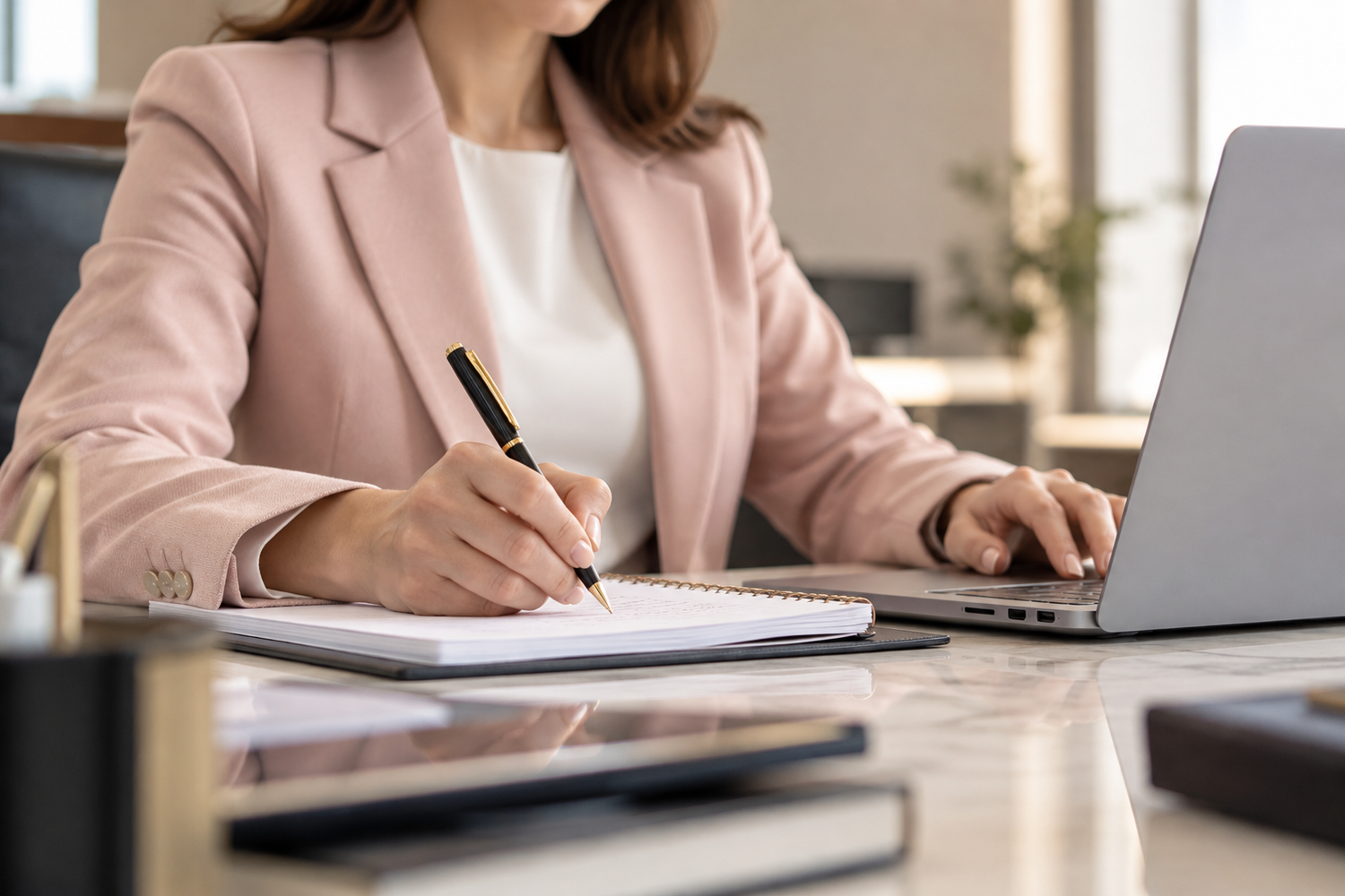 Profesional revisando documentos en un entorno de trabajo, como parte de la gestión y asesoría jurídica empresarial.