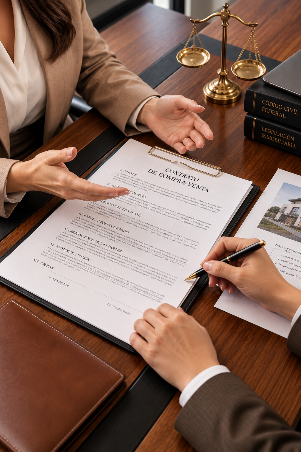 Revisión y firma de un contrato de compraventa, un proceso que requiere claridad en las obligaciones y condiciones legales.