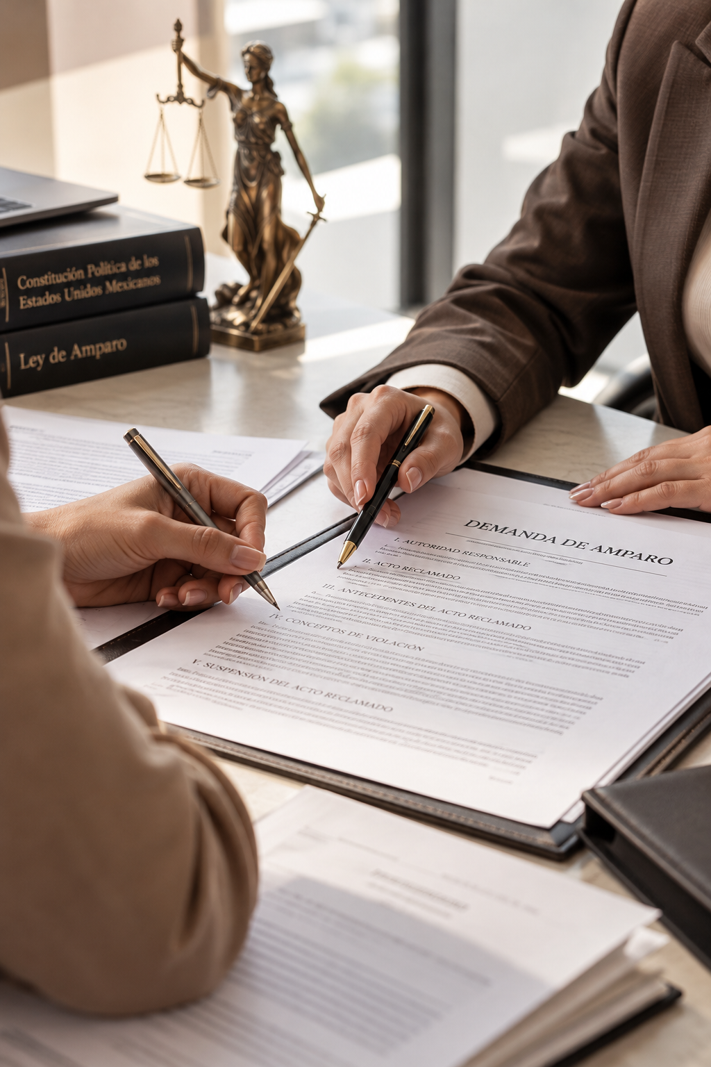 Profesionales revisando documentos jurídicos durante una consulta relacionada con un procedimiento legal.