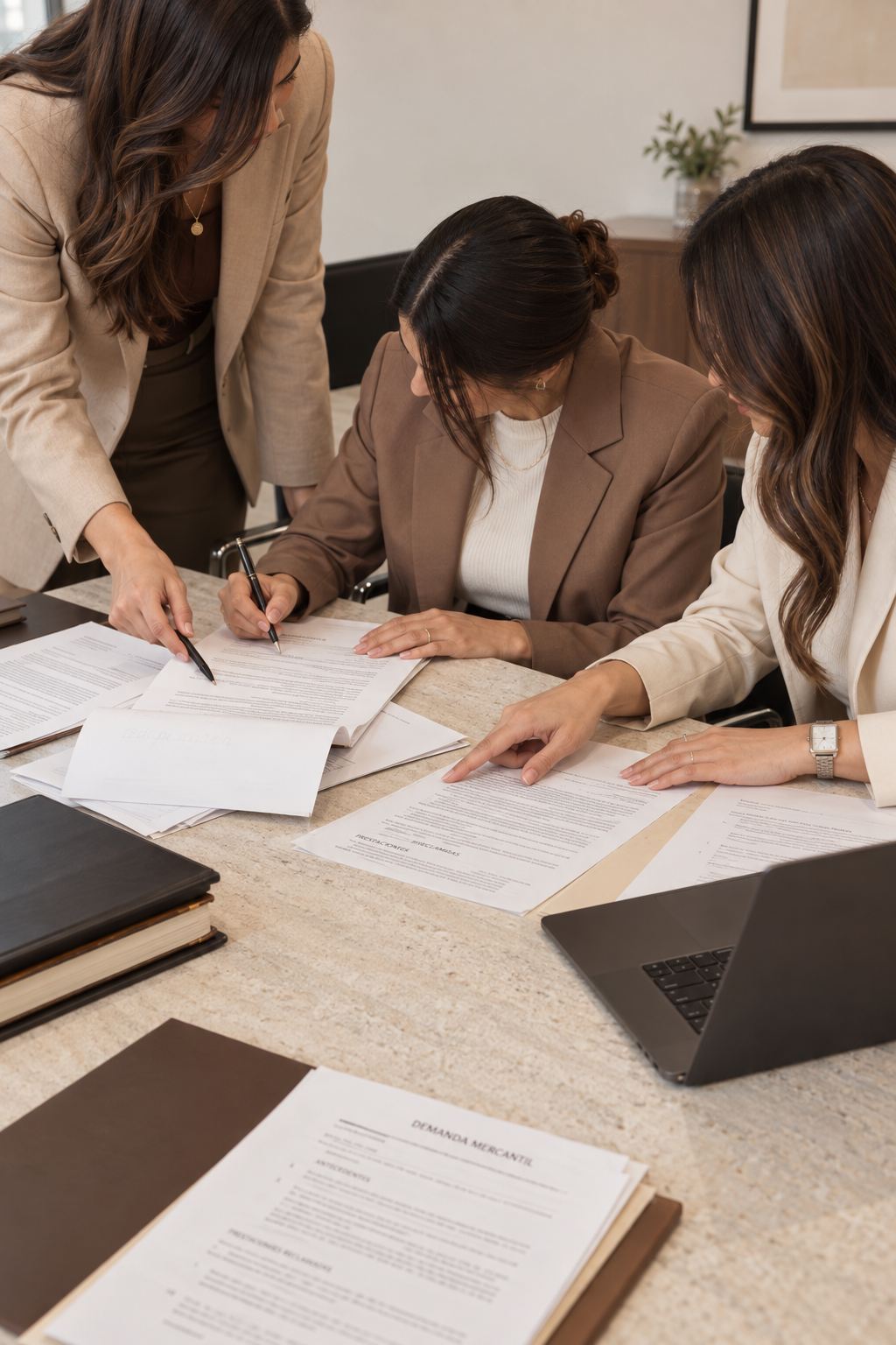 Profesionales revisando documentos jurídicos y analizando información durante una reunión de trabajo.