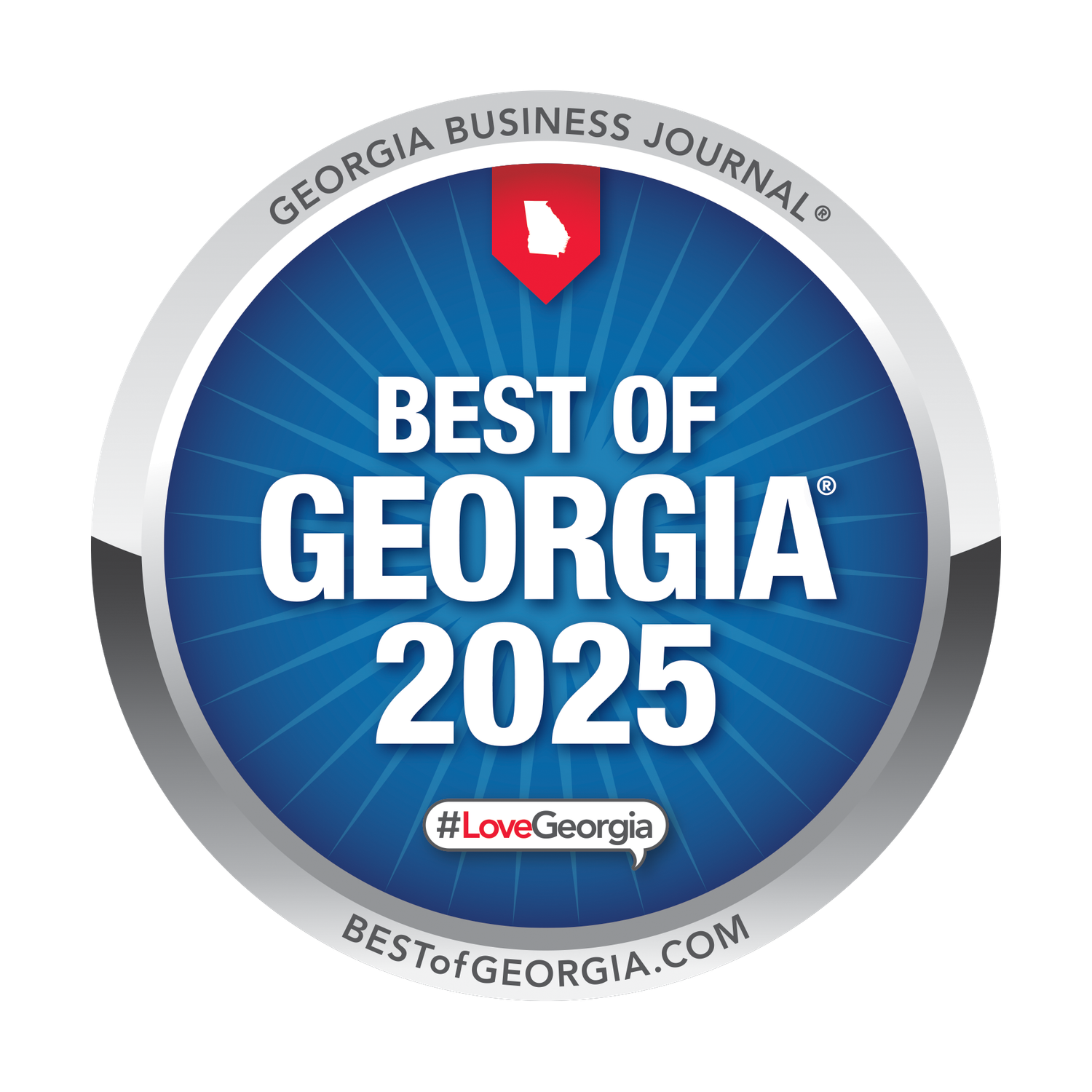 A circular blue and silver logo badge for Best of Georgia 2025 from Georgia Business Journal featuring #LoveGeorgia.