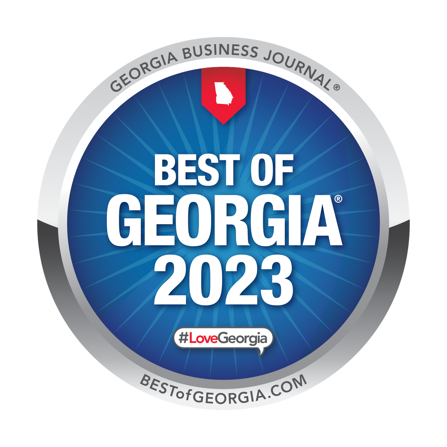 Best of Georgia 2023 award badge with blue and silver circular design from Georgia Business Journal.