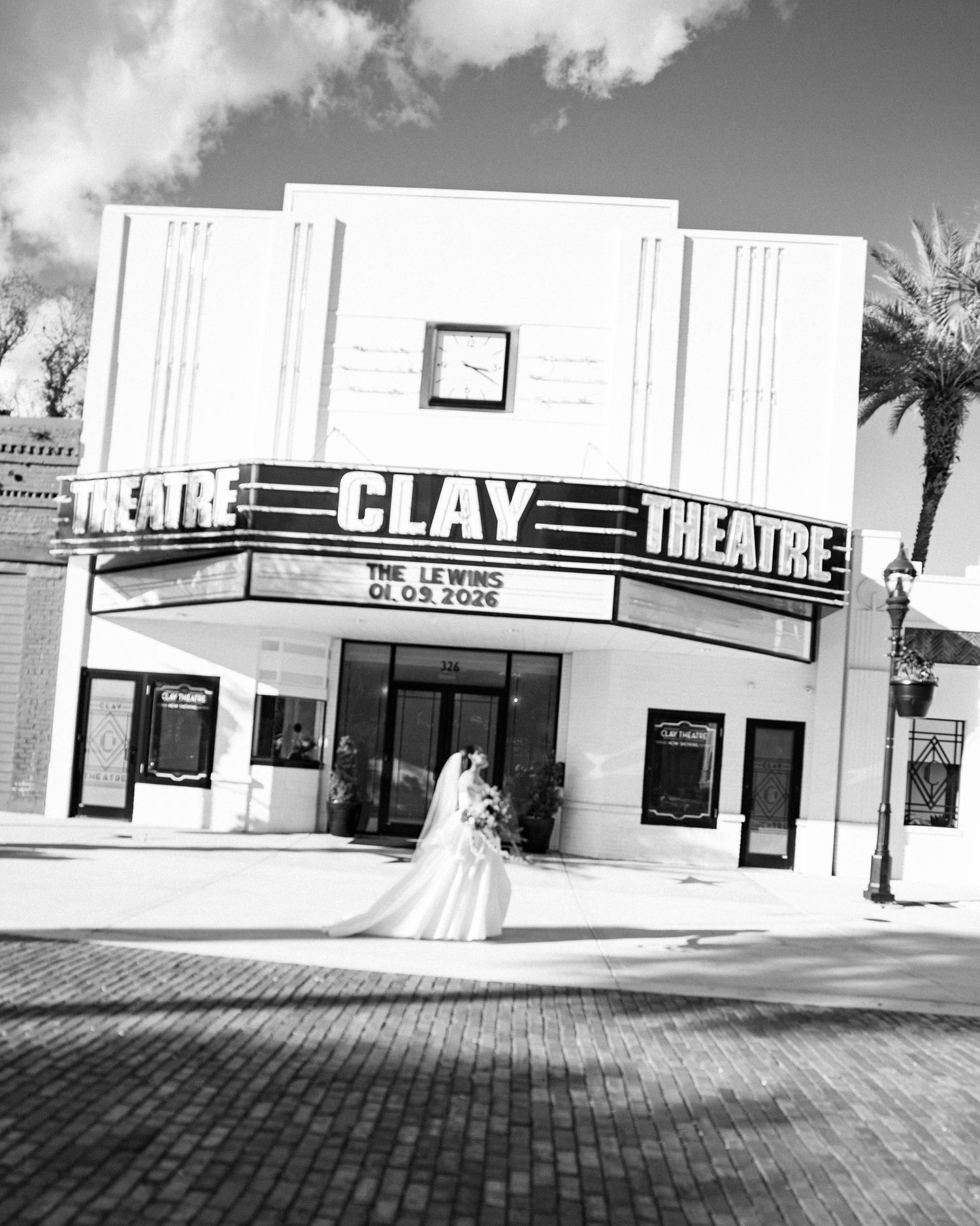 Black and white architectural shot of the Clay Theatre facade with vintage marquee.