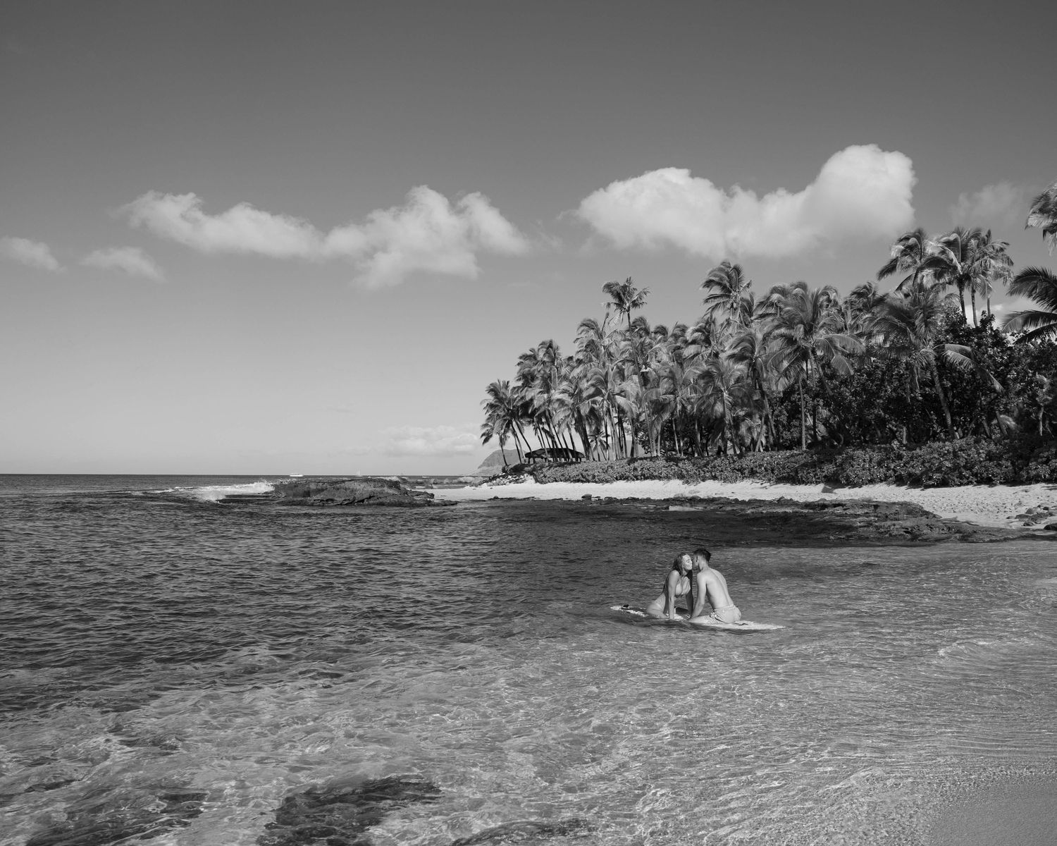 Black and white landscape of a tropical beach with palm trees and distant mountains.