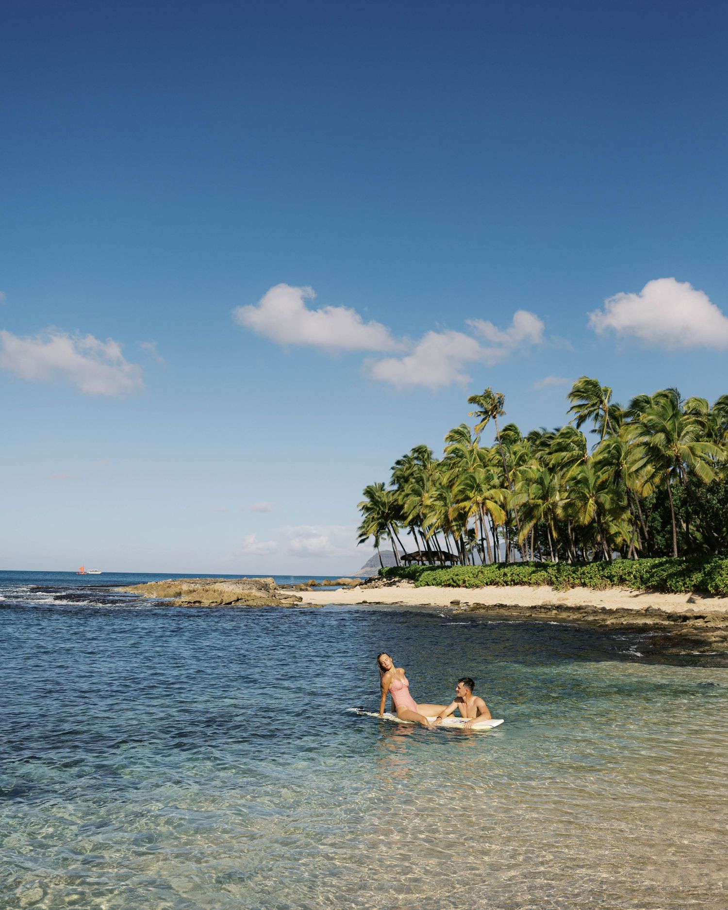 Scenic Hawaiian beach landscape with palm trees and two people relaxing on surfboards in clear water.