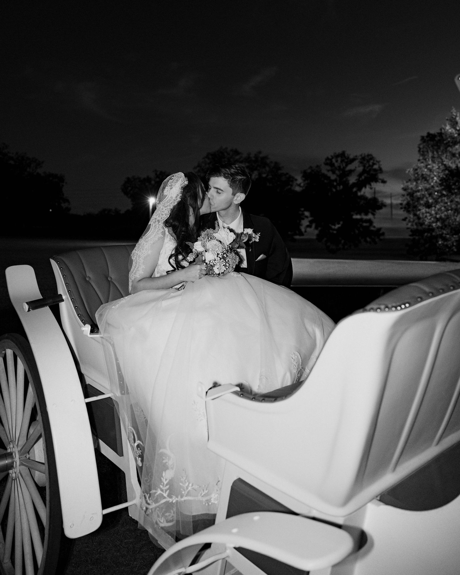 Romantic black and white sequence of newlyweds in horse-drawn carriage at dusk.