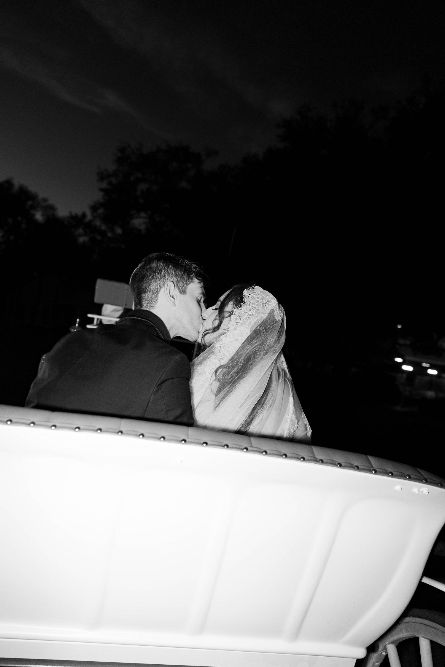 Romantic evening ride in a white carriage under starlit sky.