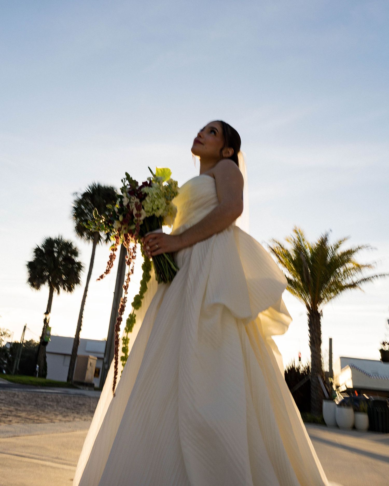 Dramatic low-angle shot of a bride in a full ballgown against a sunset sky with palm trees.